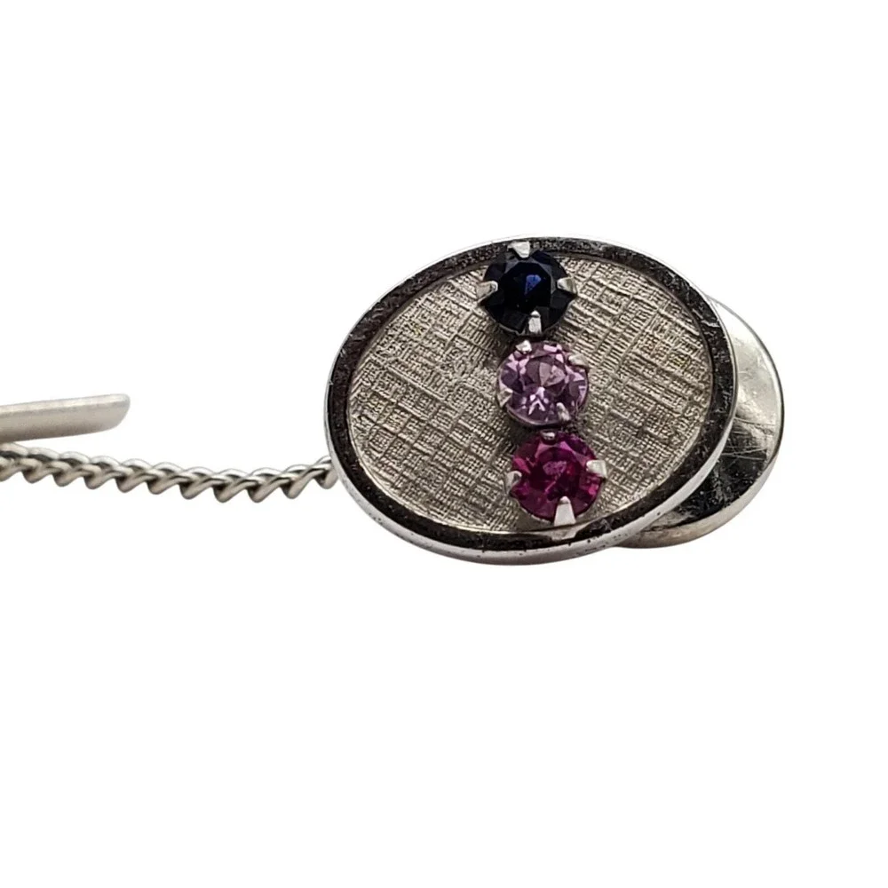 Sterling Silver Oval Tie Tack Blue Pink Purple Vintage Mens 1960s Lapel Pin Tac
